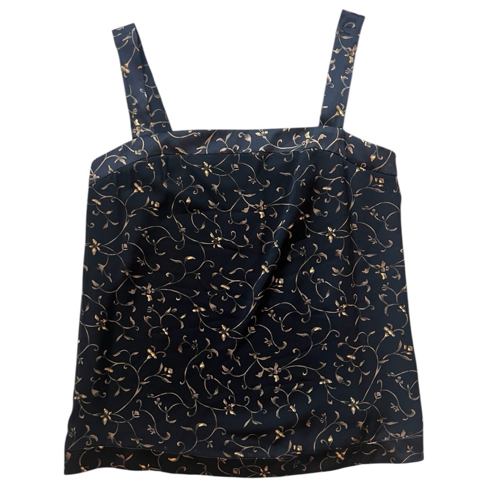 Vintage 100% Silk Charmeuse Black + Gold Floral Cami Tank | Size 12 | Y2K Cami